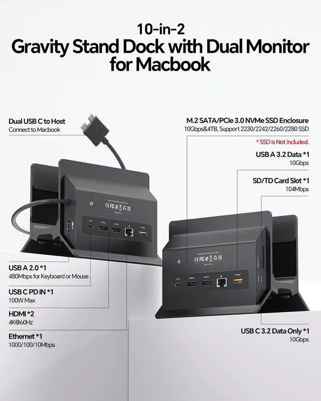 Alt view image 2 of 7 - MacBook Docking Station Dual Monitor 4K@60Hz for MacBook Pro/Air M5/M4, Vertical Dock Stand with M.2 NVMe SSD Enclosure, 2 HDMI, 100W PD, 10Gbps USB A/C, Ethernet for Home & Office - Black