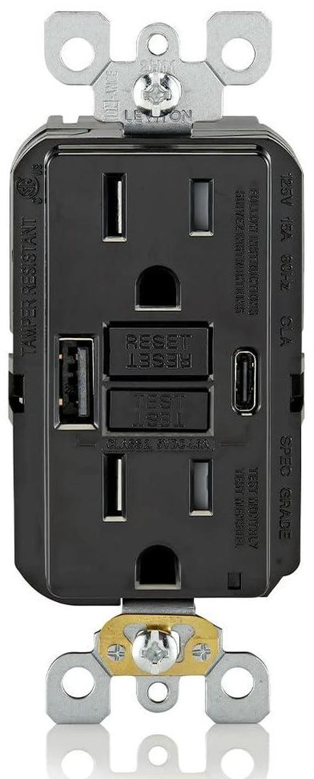 Main image of Leviton GFCI USB Type A-C 24 W (4.8 Amp) Combination Receptacle, 15 Amp Tamper-Resistant, Smartlock Pro, GUAC1-00E, Black