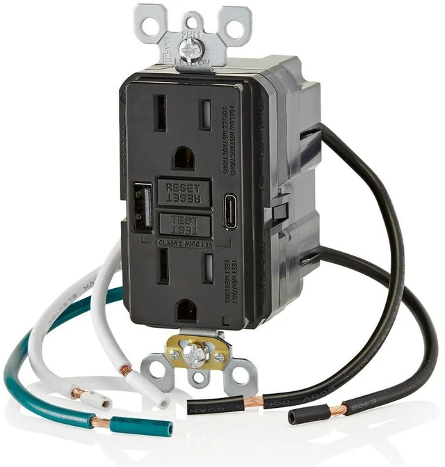 Alt view image 2 of 5 - Leviton GFCI USB Type A-C 24 W (4.8 Amp) Combination Receptacle, 15 Amp Tamper-Resistant, Smartlock Pro, GUAC1-00E, Black