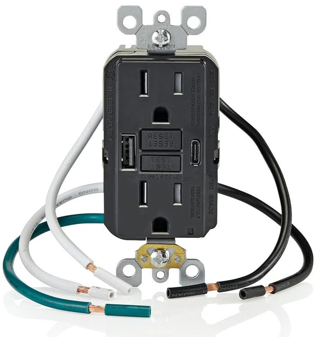 Alt view image 3 of 5 - Leviton GFCI USB Type A-C 24 W (4.8 Amp) Combination Receptacle, 15 Amp Tamper-Resistant, Smartlock Pro, GUAC1-00E, Black