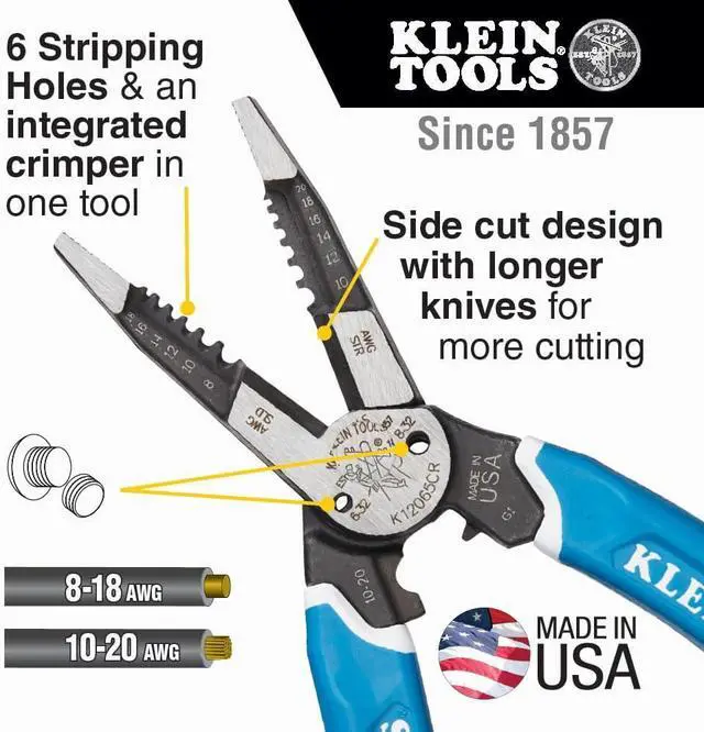 Alt view image 2 of 7 - Klein Tools K12065CR Wire Stripper/Cutter/Crimper Tool, for Cutting, Stripping, Crimping, Twisting (8-18 AWG Solid, 10-20 AWG Stranded)