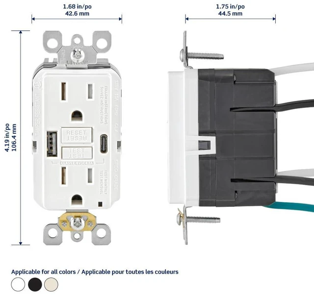 Alt view image 5 of 5 - Leviton GFCI USB Type A-C 24 W (4.8 Amp) Combination Receptacle, 15 Amp Tamper-Resistant, Smartlock Pro, GUAC1-00E, Black
