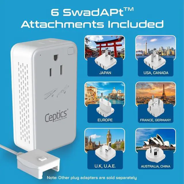 Alt view image 2 of 7 - Ceptics Step Down Voltage Converter US to Europe - 200W Convert 220V to 110V for Curling Iron, Straightener, Charger USB-A & C Fast Charging SwadApt Type A, B, C, E/F, G, I Included
