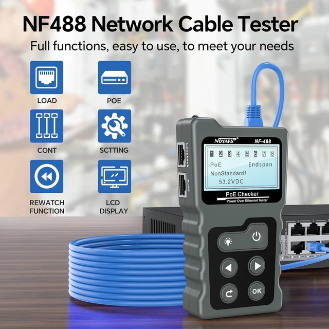 Alt view image 3 of 7 - NOYAFA NF-488 Network Cable Tester, POE Powered Ethernet Cable Tester, RJ45 Tester Kit for CAT5e/CAT6/CAT6a, RJ45 Continuity Check, Switch Loopback POE Detector, LAN Cable Tester Loop Test Tool