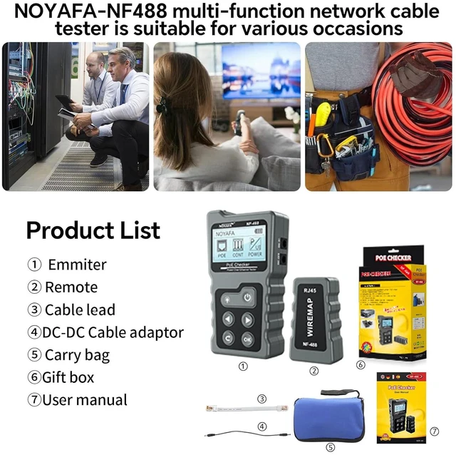 Alt view image 7 of 7 - NOYAFA NF-488 Network Cable Tester, POE Powered Ethernet Cable Tester, RJ45 Tester Kit for CAT5e/CAT6/CAT6a, RJ45 Continuity Check, Switch Loopback POE Detector, LAN Cable Tester Loop Test Tool