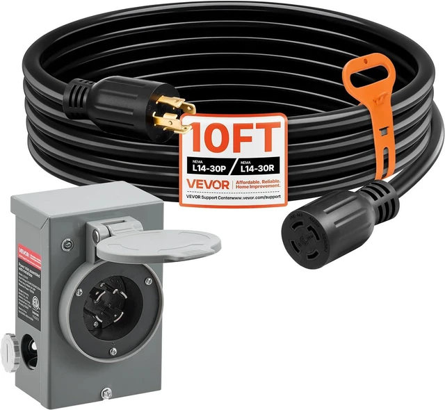 Main image of VEVOR 30 Amp Generator Cord and Power Inlet Box, 10 FT, 125/250V NEMA L14-30P to L14-30R Heavy Duty Extension Power Cord, SJTW 10 Gauge 7500W, Pre-Drilled Inlet Box, for Generator to House, ETL Listed
