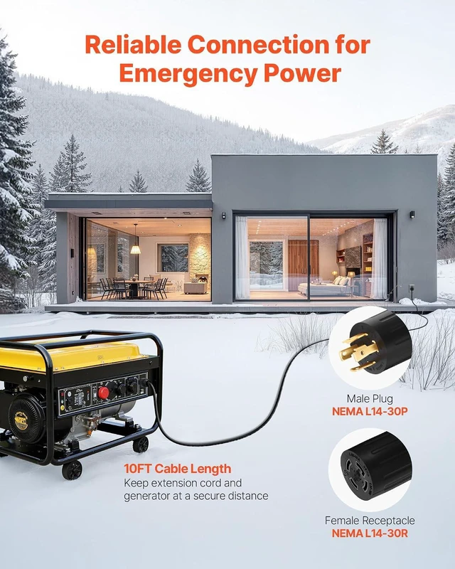 Alt view image 2 of 7 - VEVOR 30 Amp Generator Cord and Power Inlet Box, 10 FT, 125/250V NEMA L14-30P to L14-30R Heavy Duty Extension Power Cord, SJTW 10 Gauge 7500W, Pre-Drilled Inlet Box, for Generator to House, ETL Listed