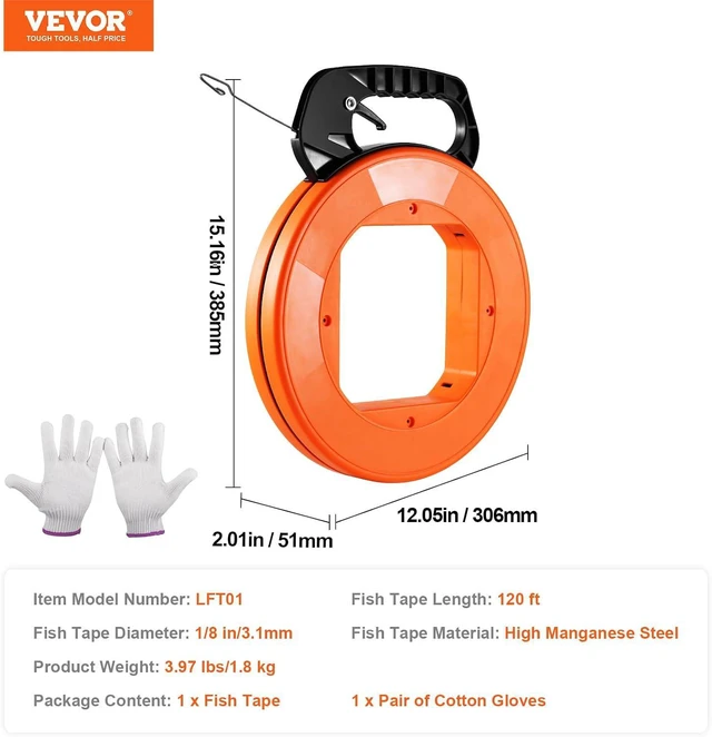 Alt view image 7 of 7 - VEVOR Fish Tape, 120-foot, 1/8-inch, Steel Wire Puller with Optimized Housing and Handle, Easy-to-Use Cable Puller Tool, Flexible Wire Fishing Tools for Walls and Electrical Conduit, Non-Conductive