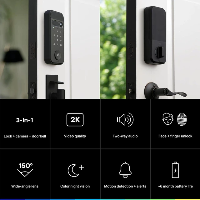 Alt view image 2 of 7 - myQ Secure View 3-in-1 Smart Lock with 2K HDR Video Doorbell Camera, Face Access, Fingerprint Access, PIN & App Control Intelligent Entry with Built-in Camera, Color Night Vision & Two-Way Audio