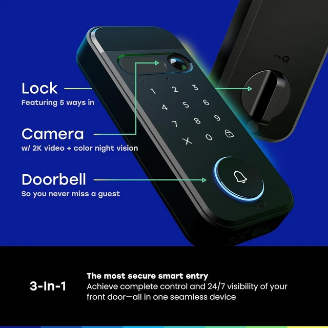 Alt view image 3 of 7 - myQ Secure View 3-in-1 Smart Lock with 2K HDR Video Doorbell Camera, Face Access, Fingerprint Access, PIN & App Control Intelligent Entry with Built-in Camera, Color Night Vision & Two-Way Audio