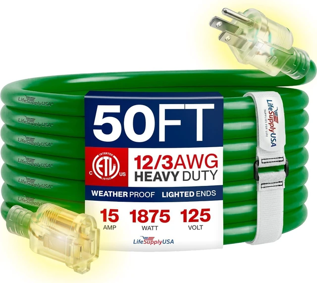 Main image of 50ft Outdoor/Indoor Extension Cord 12/3 Gauge Extra Heavy Duty 3 Prong SJTW, Waterproof, ETL Listed, Flexible Cold-Resistant Long Power Cord,15A 125V 1875W, Green by LifeSupplyUSA