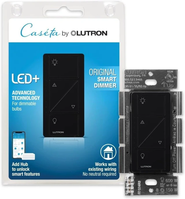 Main image of Lutron PD-6WCL-BL Caseta Wireless 600/150-Watt Single Pole In-Wall Dimmer, Black