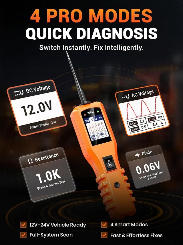Alt view image 3 of 7 - KM10 Power Circuit Probe Kit, 12V 24V Automotive Circuit Tester, Digital Multimeter, Short Finder, AC/DC Voltage Tester, Diode & Resistance, Current Probe Component Activation, 20FT+20FT Cable
