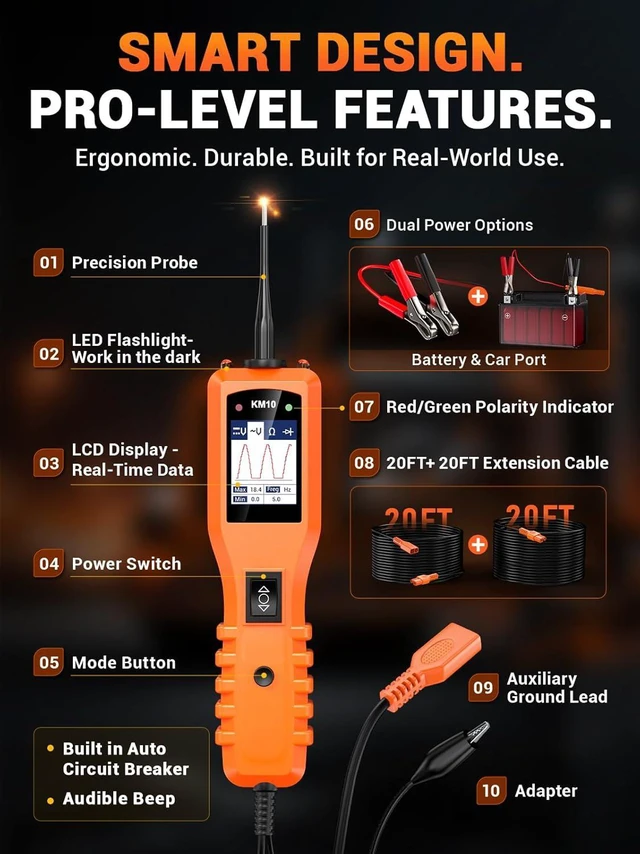 Alt view image 7 of 7 - KM10 Power Circuit Probe Kit, 12V 24V Automotive Circuit Tester, Digital Multimeter, Short Finder, AC/DC Voltage Tester, Diode & Resistance, Current Probe Component Activation, 20FT+20FT Cable