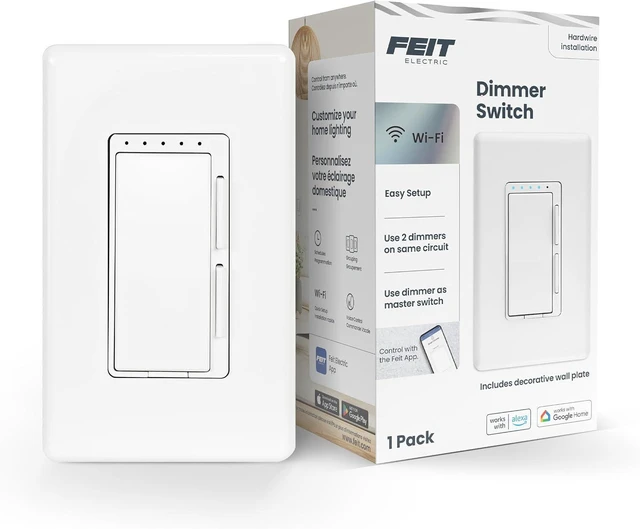 Main image of Feit Electric Smart Dimmer Switch, Neutral Wire Required for Installation, Compatible with Amazon Alexa and Google Assistant, Smart Dimmer Light Switch, White, Model:DIM/WiFi