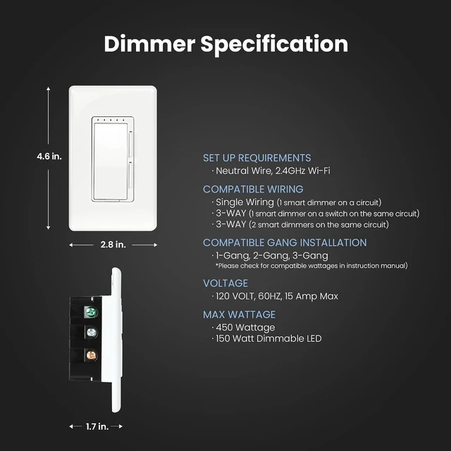 Alt view image 2 of 7 - Feit Electric Smart Dimmer Switch, Neutral Wire Required for Installation, Compatible with Amazon Alexa and Google Assistant, Smart Dimmer Light Switch, White, Model:DIM/WiFi