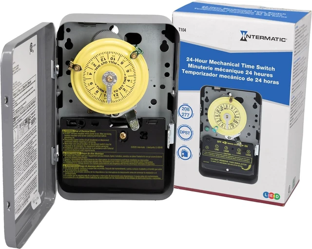 Main image of Intermatic T104 Electromechanical Timer Switch - Proven Durability, 40A Load Capacity, Versatile Scheduling, 1-12 Cycles Per Day - Manual Override, Tripper Included for Reliable Time-Based Control