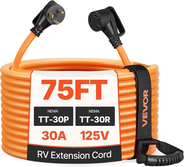 Main image of VEVOR 30 Amp 75 Feet RV Extension Cord, 125V 2500W, Heavy Duty 10/3 Gauge STW RV Power Cord, NEMA TT-30P to NEMA TT-30R, with Power Indicator, Cord Organizer, 15A Adapter, for Camper Travel Trailer