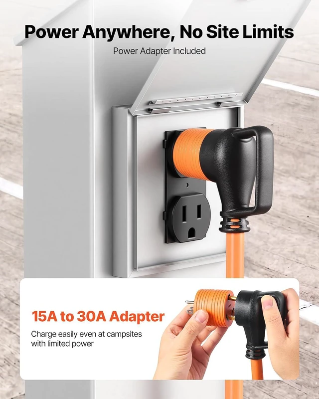 Alt view image 4 of 7 - VEVOR 30 Amp 75 Feet RV Extension Cord, 125V 2500W, Heavy Duty 10/3 Gauge STW RV Power Cord, NEMA TT-30P to NEMA TT-30R, with Power Indicator, Cord Organizer, 15A Adapter, for Camper Travel Trailer