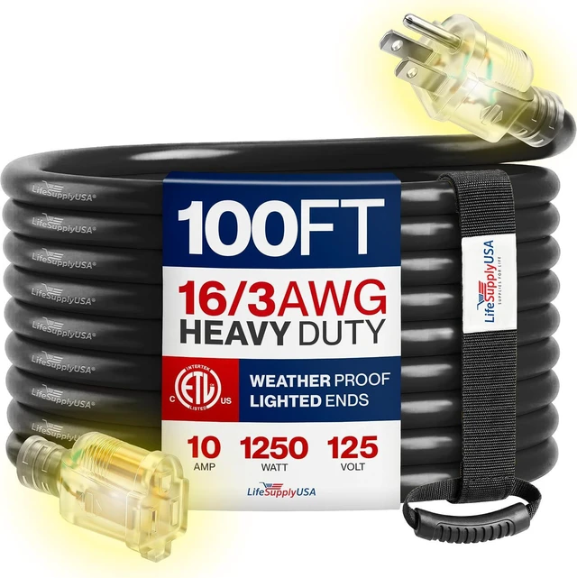 Main image of 100ft Outdoor/Indoor Extension Cord 16/3 Gauge Heavy Duty 3 Prong SJTW, Waterproof, ETL Listed, Flexible Cold-Resistant Long Power Cord,10A 125V 1250W, Black by LifeSupplyUSA