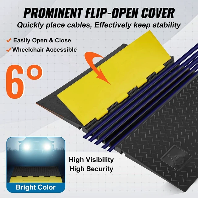 Alt view image 5 of 7 - VEVOR Rubber Cable Protector Ramp, 5 Channel, 22000 lbs/axle Capacity Heavy Duty Wire Cover Ramp Hose Cord Ramp Driveway, Traffic Speed Bump with Flip-Open Top Cover, ADA Compliant for Indoor & Outdoo