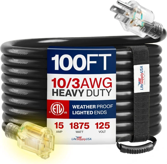 Main image of 100ft Outdoor/Indoor Extension Cord 10/3 Gauge Ultra Heavy Duty 3 Prong SJTW, Waterproof, ETL Listed, Flexible Cold-Resistant Long Power Cord,15A 125V 1875W, Black by LifeSupplyUSA