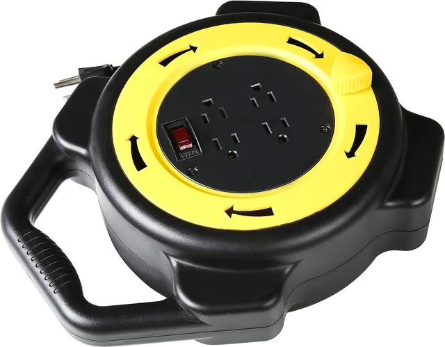 Alt view image 2 of 7 - The Original Connector - The Most Compact Retractable Extension Cord Reel 25 Feet 16/3 AWG 1625W 4 Grounded Outlets UL Listed Black and Yellow