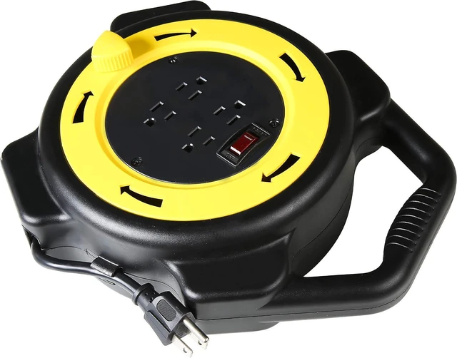 Alt view image 4 of 7 - The Original Connector - The Most Compact Retractable Extension Cord Reel 25 Feet 16/3 AWG 1625W 4 Grounded Outlets UL Listed Black and Yellow