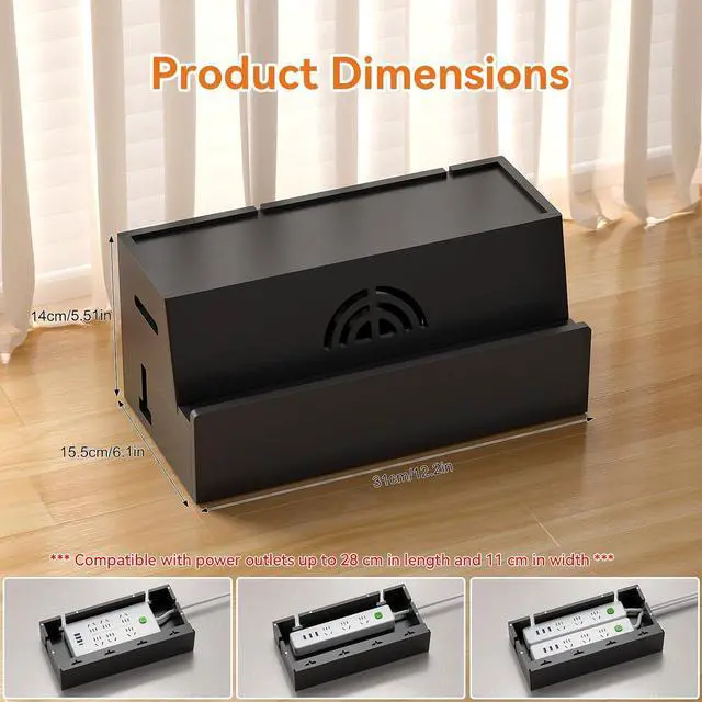 Alt view image 6 of 6 - Bamboo Cable Management Box, 31X14X15.5CM, Cable Organizer Box for Desk with Conceal Power Cords and Power Strips, Suitable for Living Rooms, bedrooms, Offices and More (Black)