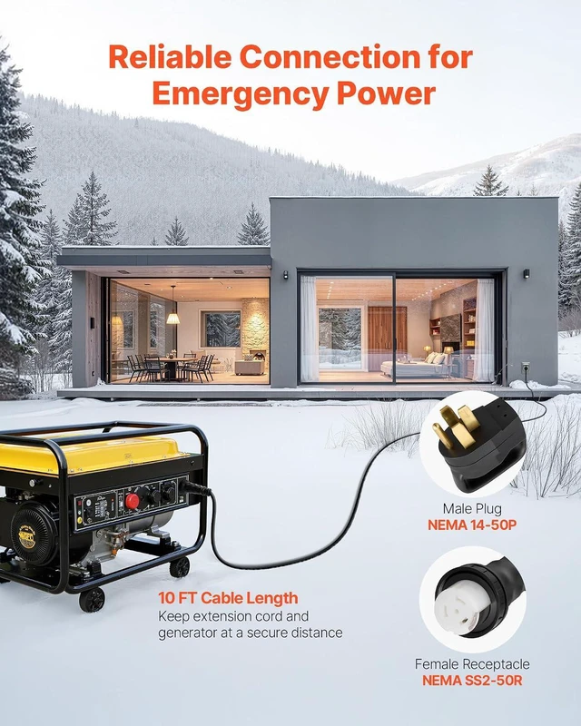 Alt view image 2 of 7 - VEVOR 50 Amp Generator Cord and Power Inlet Box, 10FT, 125V/250V STW 6/3 + 8/1 AWG Extension Power Cord, NEMA 14-50P to SS2-50R, Twist Lock Connector, Inlet Box Kit, for Generator to House, ETL Listed