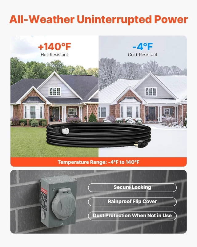 Alt view image 3 of 7 - VEVOR 50 Amp Generator Cord and Power Inlet Box, 10FT, 125V/250V STW 6/3 + 8/1 AWG Extension Power Cord, NEMA 14-50P to SS2-50R, Twist Lock Connector, Inlet Box Kit, for Generator to House, ETL Listed
