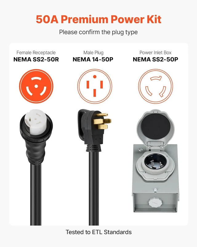 Alt view image 6 of 7 - VEVOR 50 Amp Generator Cord and Power Inlet Box, 10FT, 125V/250V STW 6/3 + 8/1 AWG Extension Power Cord, NEMA 14-50P to SS2-50R, Twist Lock Connector, Inlet Box Kit, for Generator to House, ETL Listed
