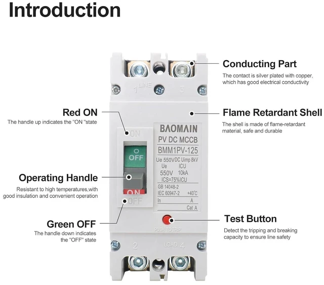 Alt view image 2 of 7 - Baomain 125 Amp DC Circuit Breaker for Off-Grid Solar System,125A 2 Pole DC 550V, Moulded Case IP20 DC MCCB BMM1PV-125(125A)