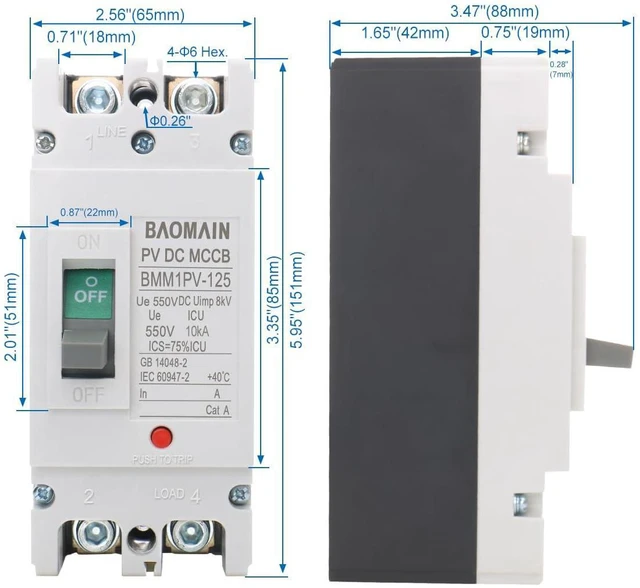 Alt view image 4 of 7 - Baomain 125 Amp DC Circuit Breaker for Off-Grid Solar System,125A 2 Pole DC 550V, Moulded Case IP20 DC MCCB BMM1PV-125(125A)