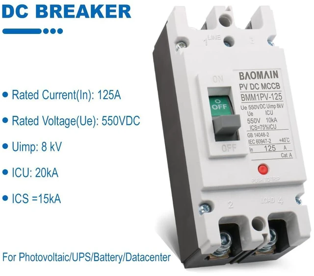 Alt view image 5 of 7 - Baomain 125 Amp DC Circuit Breaker for Off-Grid Solar System,125A 2 Pole DC 550V, Moulded Case IP20 DC MCCB BMM1PV-125(125A)