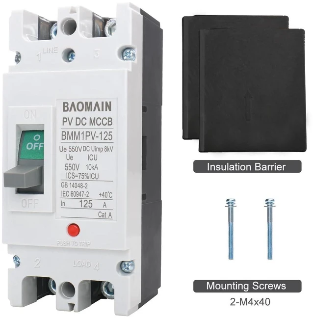 Alt view image 7 of 7 - Baomain 125 Amp DC Circuit Breaker for Off-Grid Solar System,125A 2 Pole DC 550V, Moulded Case IP20 DC MCCB BMM1PV-125(125A)