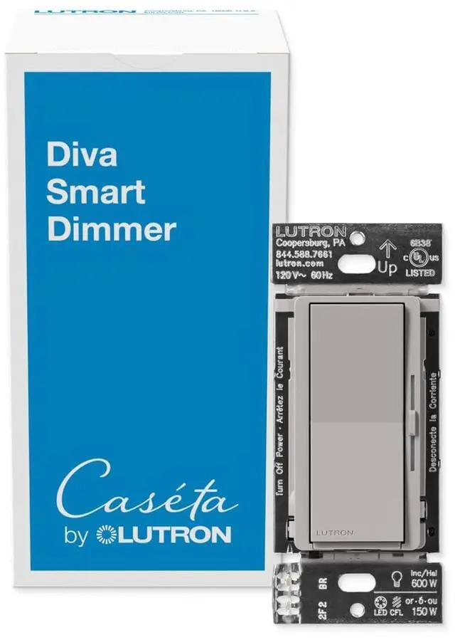 Main image of Lutron Diva Smart Dimmer Light Switch for Caseta Lighting (Lutron Smart Hub Required), for LED Lights, 150W, Single-Pole/3-Way, No Neutral, Gray (DVRF-6L-GR)