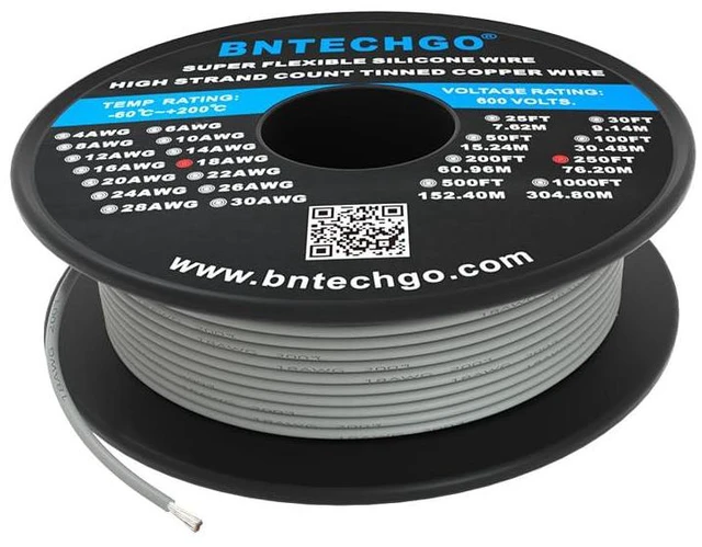 Main image of BNTECHGO 18 Gauge Silicone Wire Spool Gray 250 feet Ultra Flexible High Temp 200 deg C 600V 18 AWG Silicone Rubber Wire 150 Strands of Tinned Copper Wire Stranded Wire for Model Low Impedance