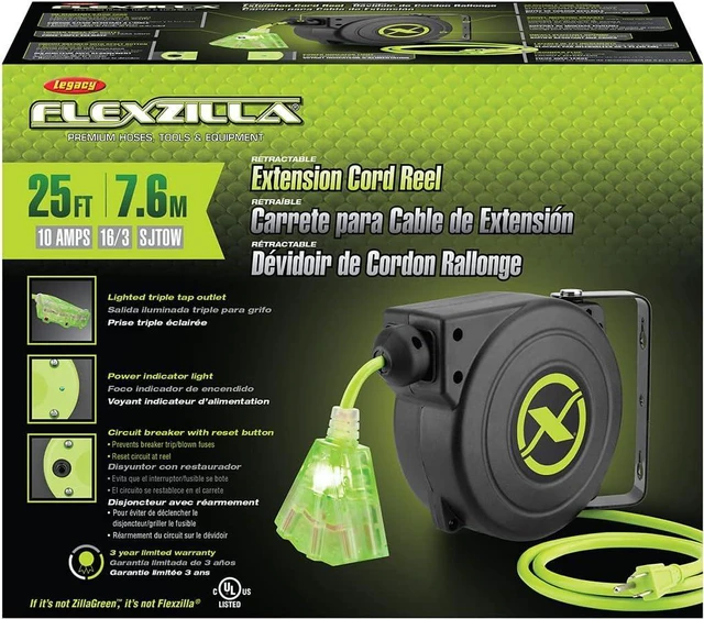 Alt view image 2 of 7 - Flexzilla Retractable Extension 16/3 AWG 25' Electric Cord Reel, ZillaGreen, FZ8160253