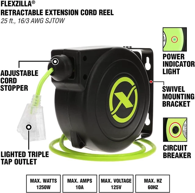 Alt view image 3 of 7 - Flexzilla Retractable Extension 16/3 AWG 25' Electric Cord Reel, ZillaGreen, FZ8160253