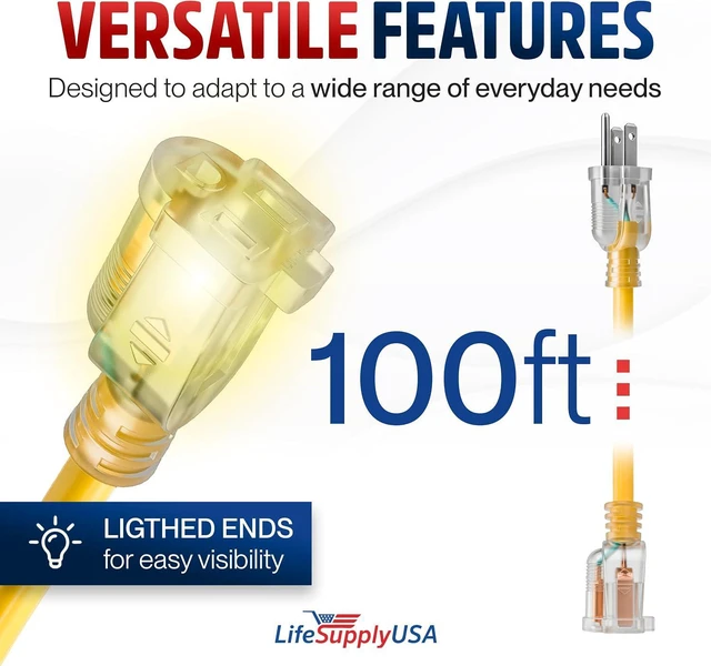 Alt view image 6 of 7 - 100ft Outdoor/Indoor Extension Cord 10/3 Gauge Ultra Heavy Duty 3 Prong SJTW, Waterproof, ETL Listed, Flexible Cold-Resistant Long Power Cord,15A 125V 1875W, Yellow by LifeSupplyUSA