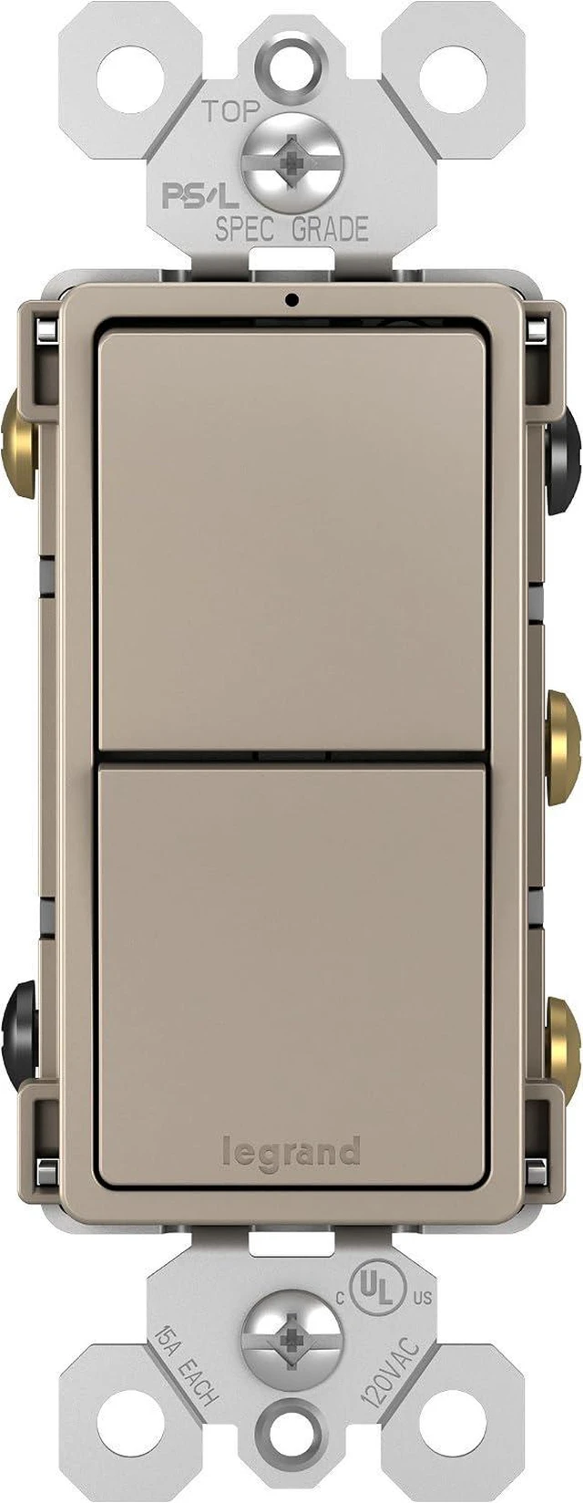 Main image of Legrand Radiant RCD33NICC6 15 Amp Combination 2-in-1 Decorator Rocker Light Switch, Two 3-Way Switches, Nickel (1 Count)