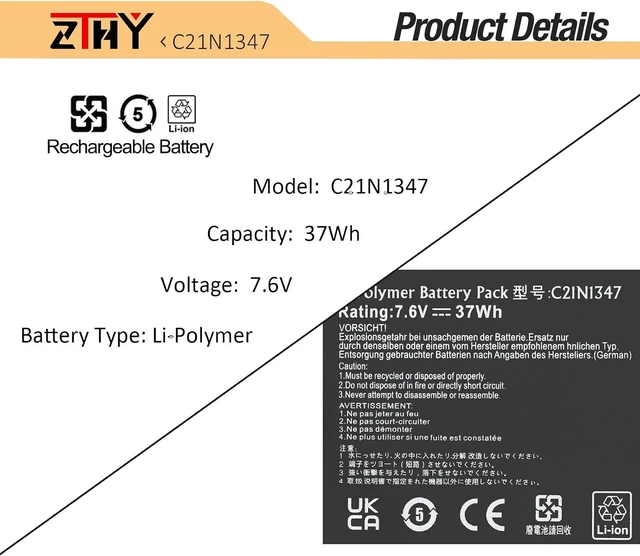 Alt view image 3 of 7 - ZTHY 37Wh C21N1347 X555L Laptop Battery Replacement for X554 X554L F554 F554L X555 X555U X555LN X555LA X555LD X555LP X555LJ X555SJ X555YI X555LD4030 X555LD4210 X555D X555DA-BB12 Series 2ICP4/63/134