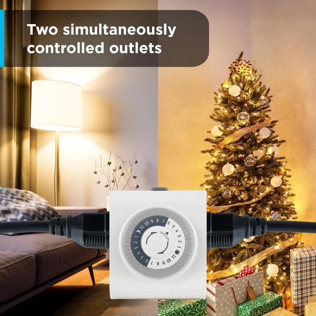 Alt view image 2 of 6 - GE 24-Hour Heavy Duty Indoor Plug-in Mechanical Timer 2 Pack, 30 Minute Intervals, Daily On/Off Cycle, for Lamps, Seasonal Lighting, Holiday Decorations, 46211, Grounded 2-Outlet | Gray/White, 2 Count