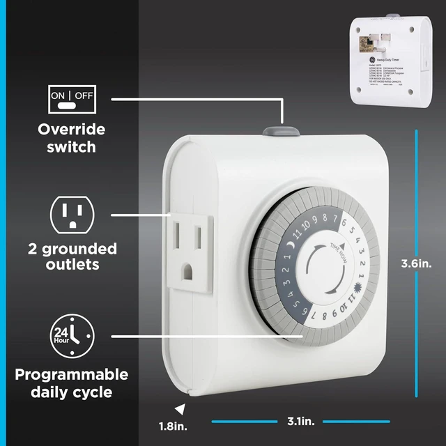 Alt view image 6 of 6 - GE 24-Hour Heavy Duty Indoor Plug-in Mechanical Timer 2 Pack, 30 Minute Intervals, Daily On/Off Cycle, for Lamps, Seasonal Lighting, Holiday Decorations, 46211, Grounded 2-Outlet | Gray/White, 2 Count