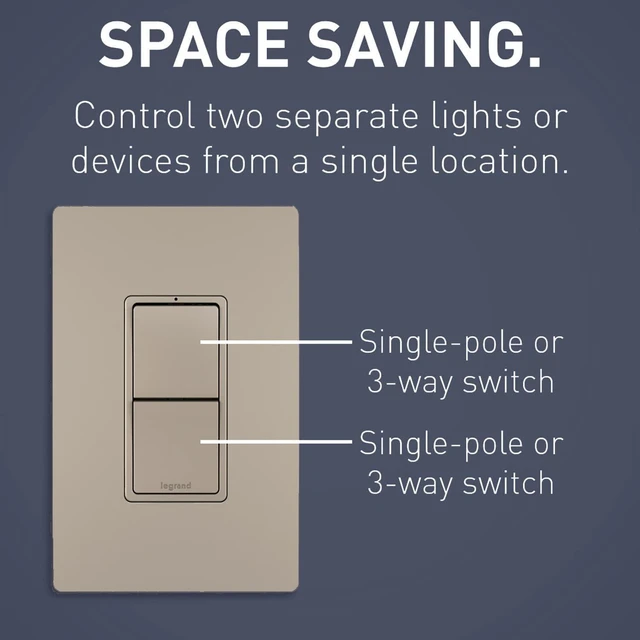 Alt view image 2 of 7 - Legrand Radiant RCD33NICC6 15 Amp Combination 2-in-1 Decorator Rocker Light Switch, Two 3-Way Switches, Nickel (1 Count)