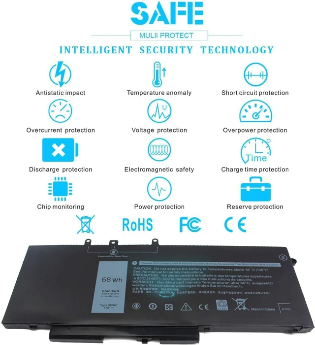 Alt view image 5 of 6 - 68Wh GJKNX 7.6V Battery for Dell Latitude 5480 5490 5580 5590 5495 5491 5591 5280 5290 5488 5288 E5480 E5580 E5490 E5590 Precision 3520 3530 451-BBZG 5YHR4 GD1JP 0GD1JP DY9NT 0DY9NT P60F P72G 4-Cell