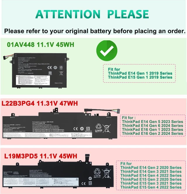 Alt view image 2 of 7 - 01AV445 L17L3P51 L17M3P51 Laptop Battery Compatible with Lenovo ThinkPad E580 E480 E490 E590 E485 E495 E585 E595 E14 E15 1st Gen E41-50 E41-55 Series L17M3P52 L17C3P51 01AV446 01AV447 01AV448