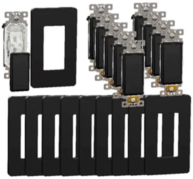 Main image of Schneider Electric - 10 Pack of Square D X 15A Single Pole On/Off Rocker Light Switch with Snap-On Screwless 1 Gang Wall Plate - Matte Black, Back-Wire Clamps, 120-277 V (Pack of 10)