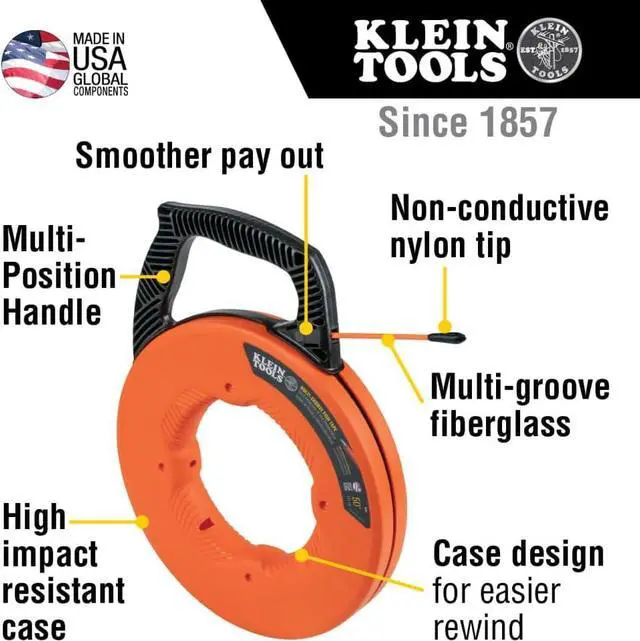 Alt view image 2 of 7 - Klein Tools 56383 Non-Conductive Electrical Fish Tape, Multi-Groove Fiberglass Wire Puller, Nylon Tip, Optimized Housing and Handle, 100-Foot